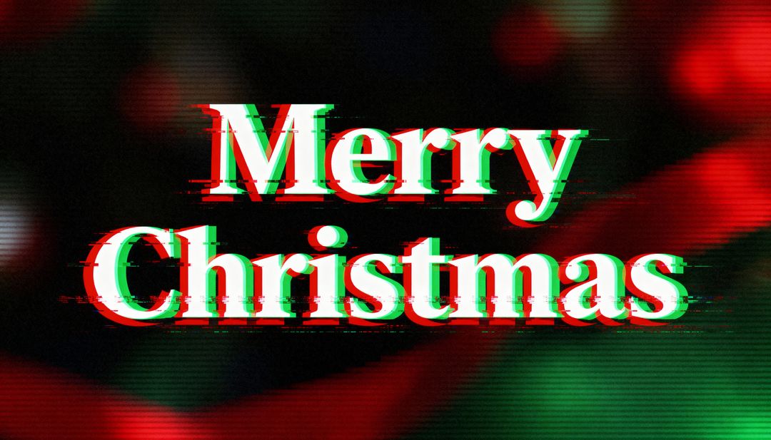 Glitch Merry Christmas Typography with Red Green Chromatic Aberration and Bokeh Lights