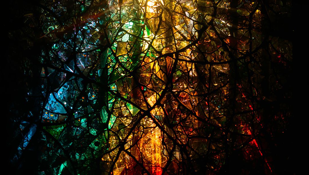 Shattered Glass with Colorful Refractions and Moisture Droplets