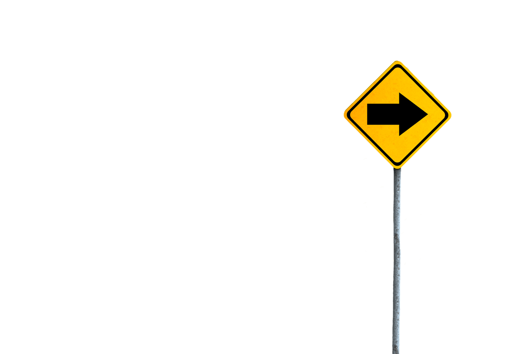 Yellow Directional Arrow Sign on Pole Isolated on Transparent Background