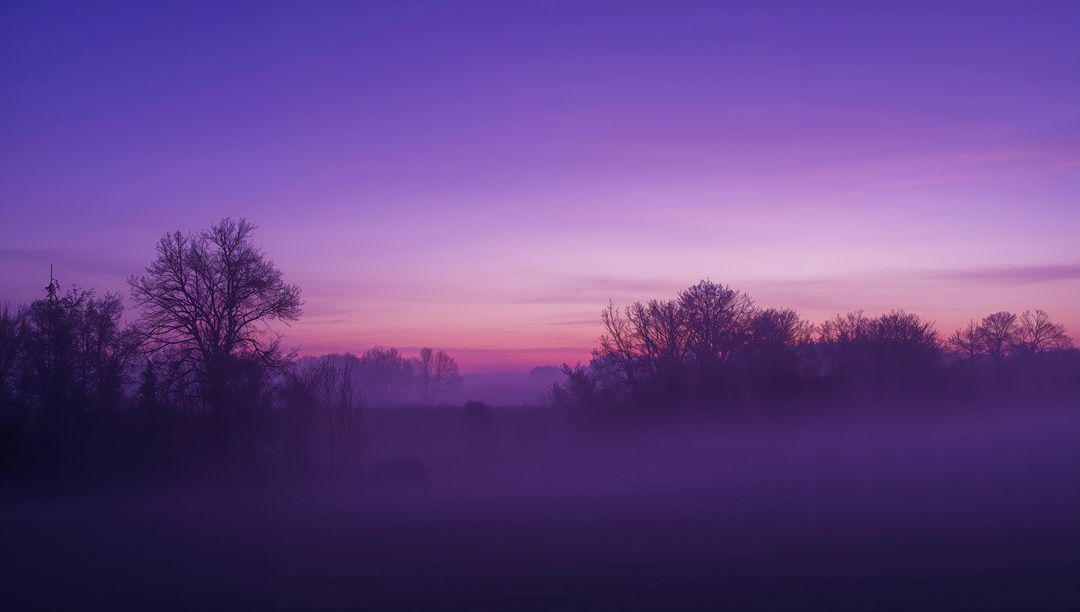 Purple Dawn Fog over Rural Meadow with Silhouetted Leafless Trees and Misty Horizon