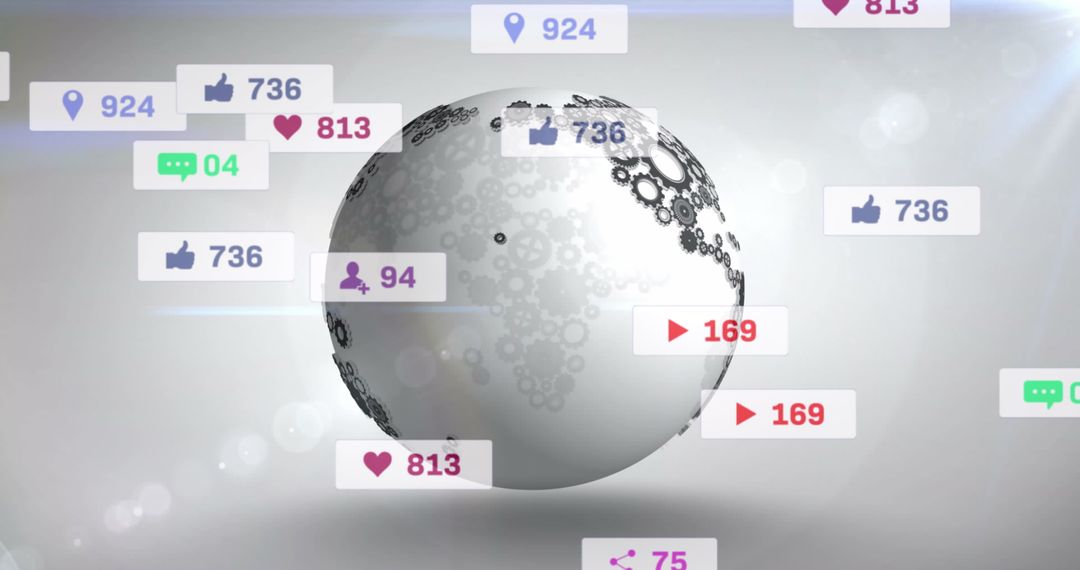 Social Media Interactions Around Globe with Gears Icons