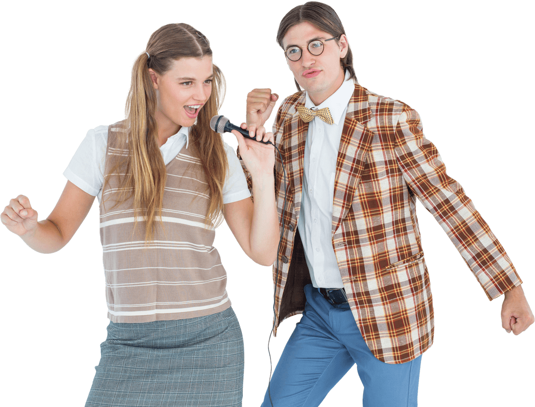 Transparent Hipster Duo Singing with Microphone and Enthusiastic Expression