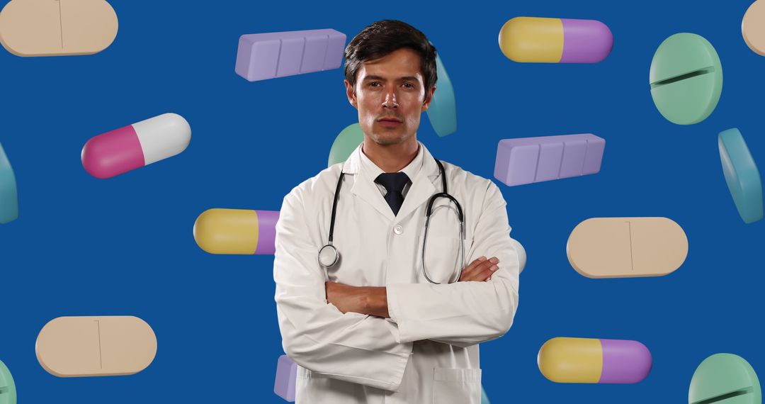 Confident Doctor with Arms Crossed Standing Against Colorful Medicine Background - Free Images, Stock Photos and Pictures on Pikwizard.com