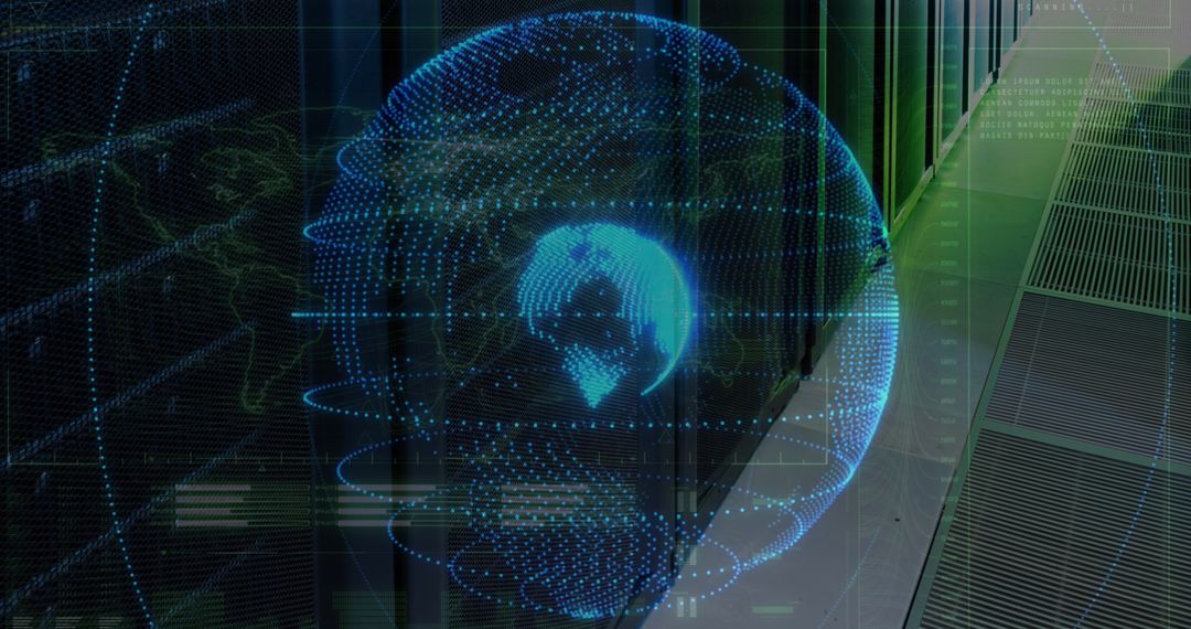 Digital Globe Hologram in Modern Server Room Environment
