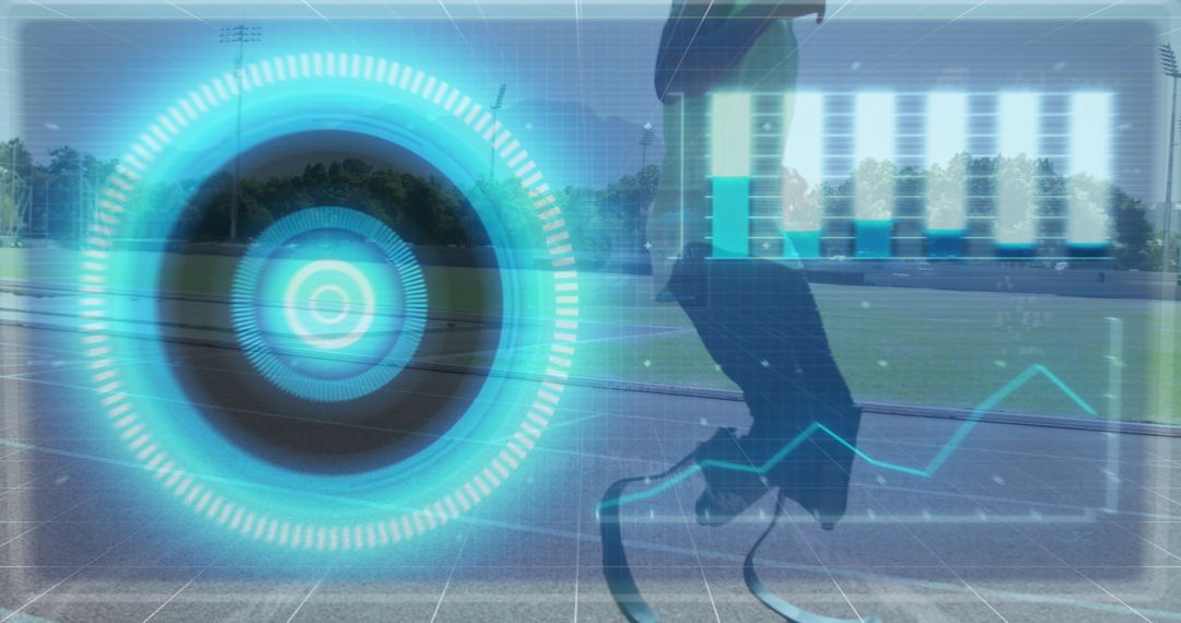 Athlete with Prosthetic Leg Overlayed by Futuristic Interface