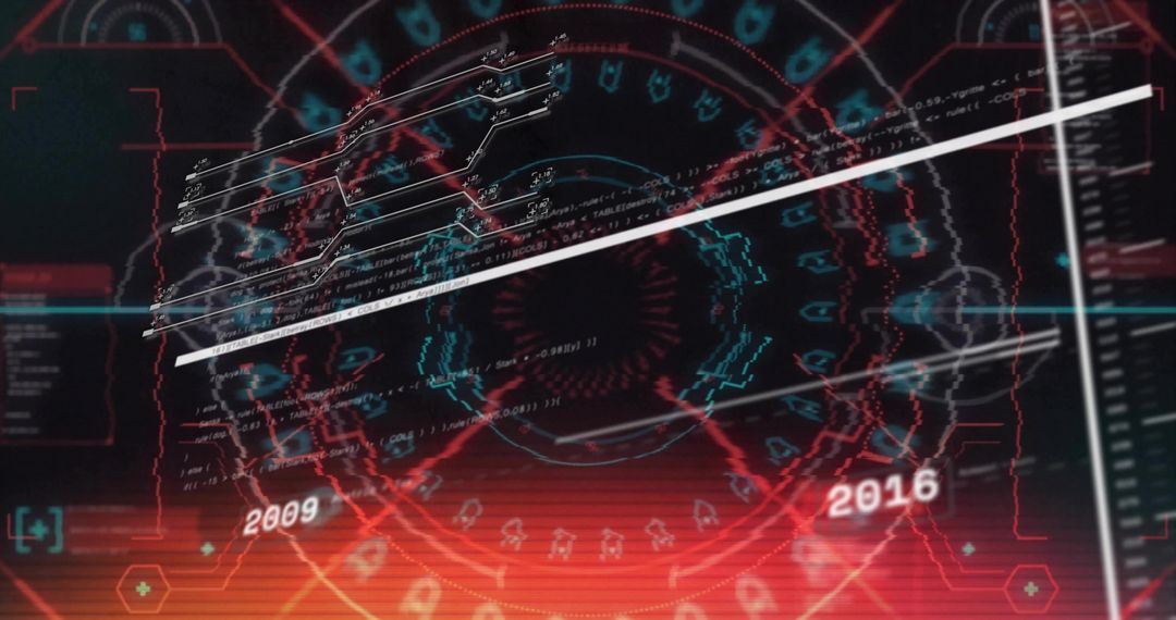 Rotating Cyber Timeline HUD with Neon Analytics and Code Overlay
