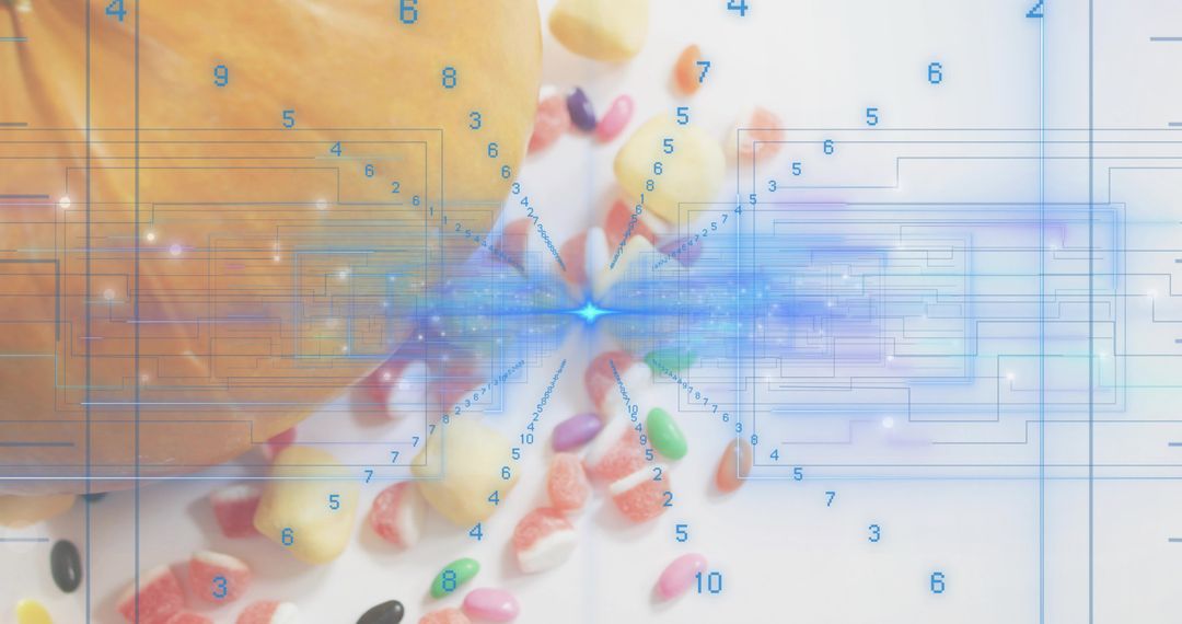 Peach and Colorful Candy Merging with Digital Circuitry and Numeric Data Burst Neon Overlay