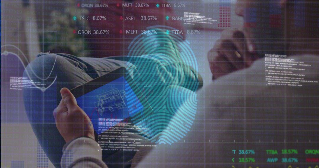 Engineer Analyzing Tablet with Holographic Fingerprint Scanner