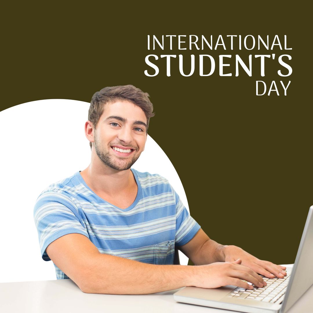 Happy Student Using Laptop for International Student's Day
