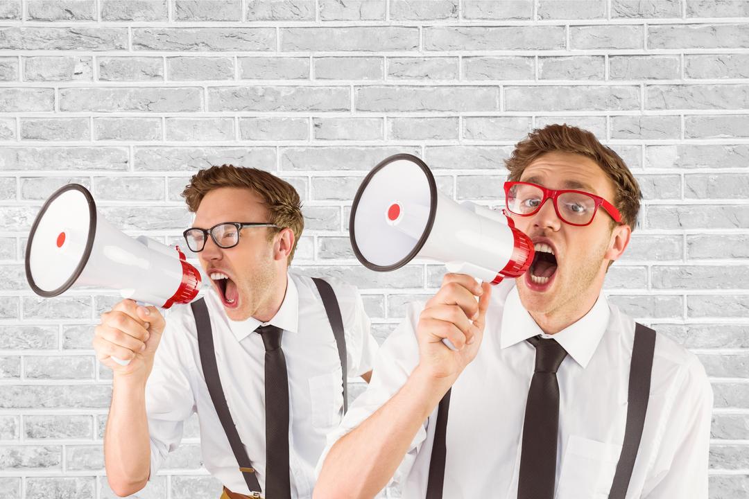 Multiple image of angry businessman screaming through megaphone - Free Images, Stock Photos and Pictures on Pikwizard.com