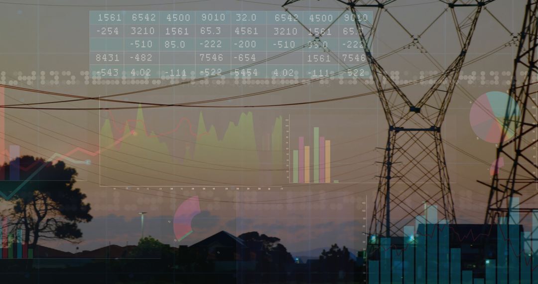 Power Transmission Lines with Data Visualization at Sunset