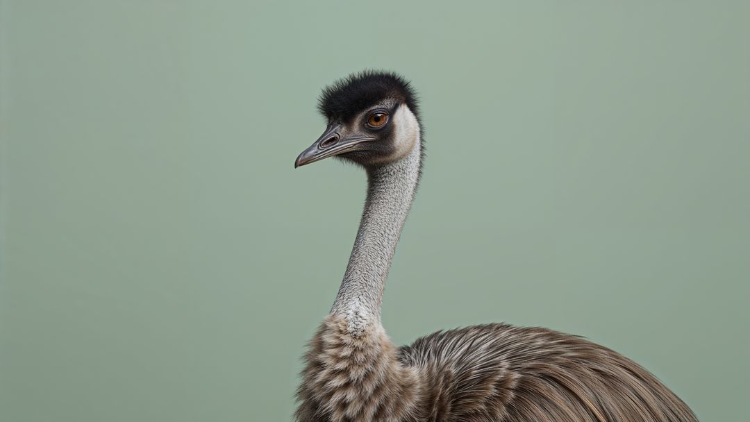 Emu in Minimalist Portrait with Sage-Green Background