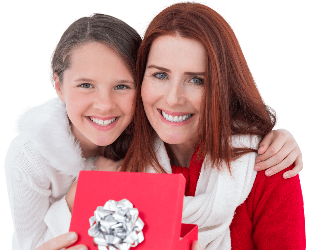 Joyful Caucasian Mother and Daughter Celebrating with Gift Box on Transparent Background