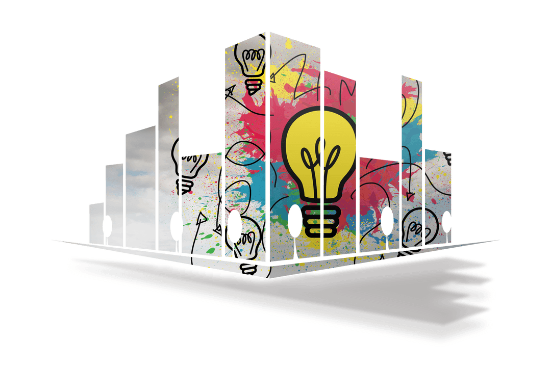 Transparent City Skyline with Colorful Light Bulb Overlay