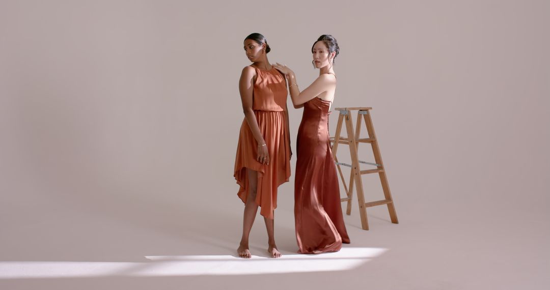 Elegant Models in Silk Dresses with Ladder