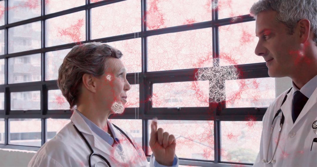 Doctors Collaborating with Red Neurological Graphic Overlay