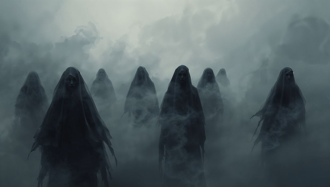 Ghostly Figures in Misty Fog Creating Eerie Atmosphere