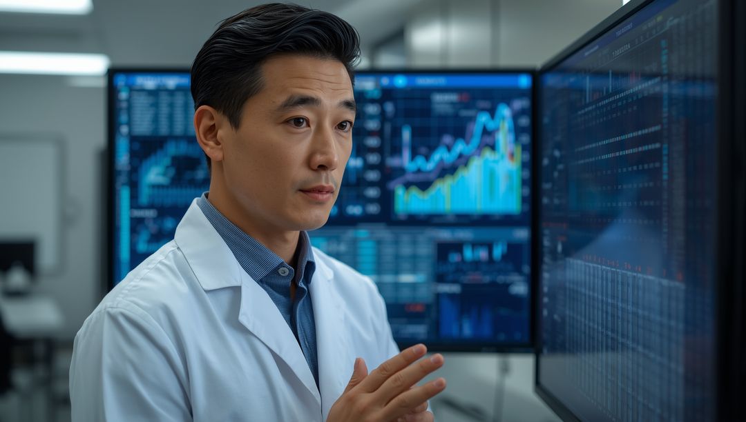 Asian Analyst in Lab Coat Reviewing Digital Charts in Futuristic Lab