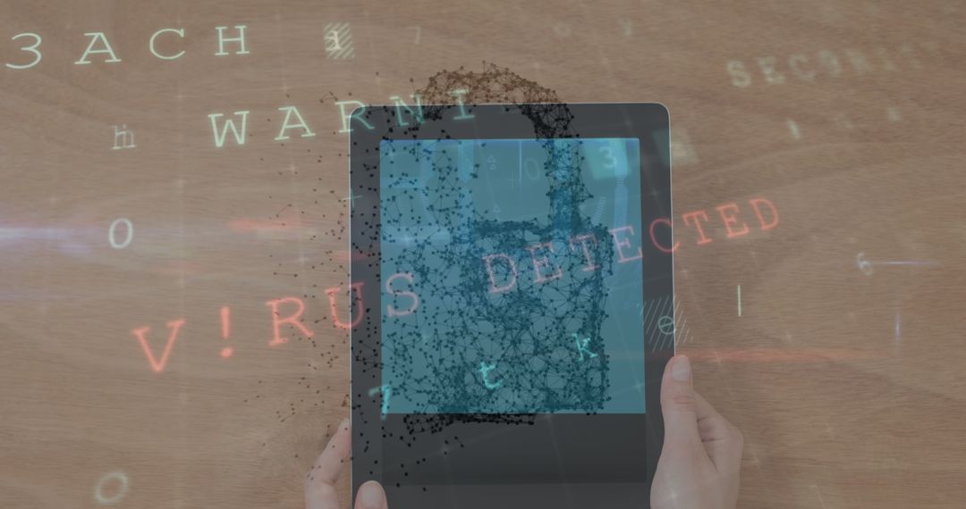 Hands Holding Tablet with Cybersecurity Threat Warning Overlay