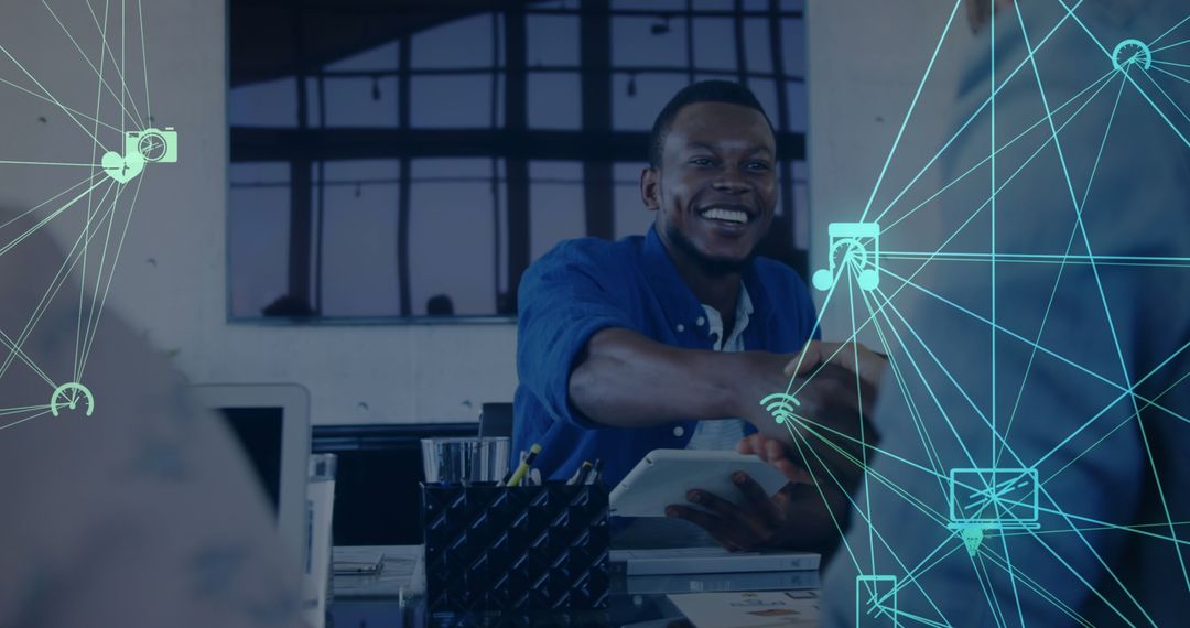 African American Professional Using Tablet with Futuristic Interface