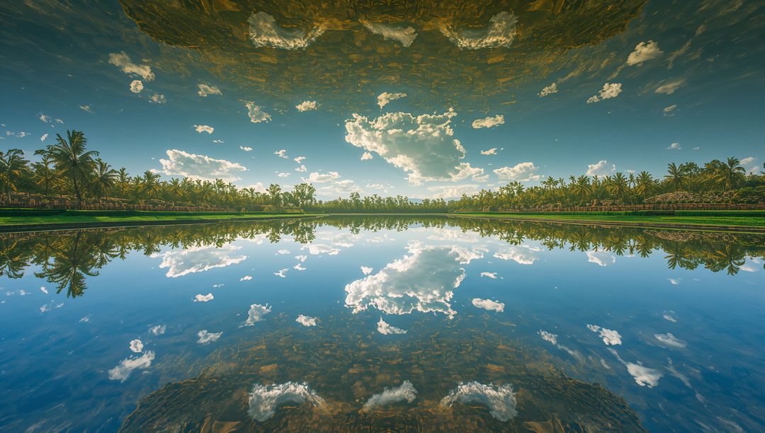 Symmetrical Reflection of Palm Trees in Serene Lake Harmony