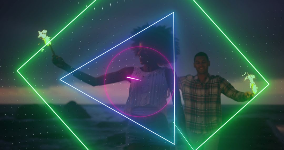 Couple Celebrating with Sparklers on Beach with Neon Digital Effects