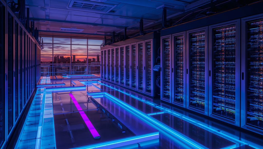 Futuristic Data Center with Neon Blue Lighting