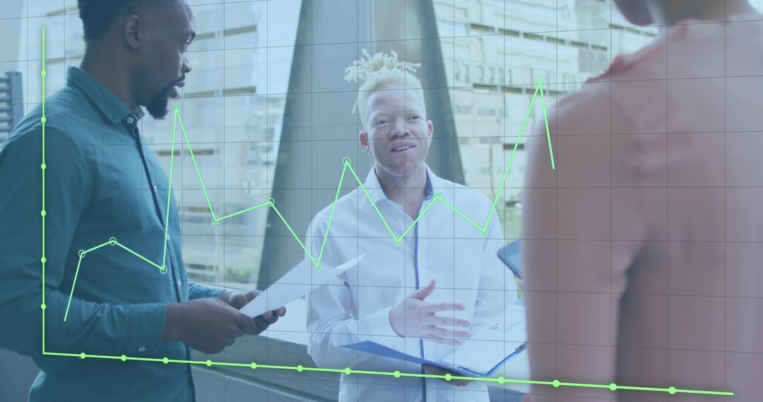 Diverse Team Discussing Analytics with Digital Overlay