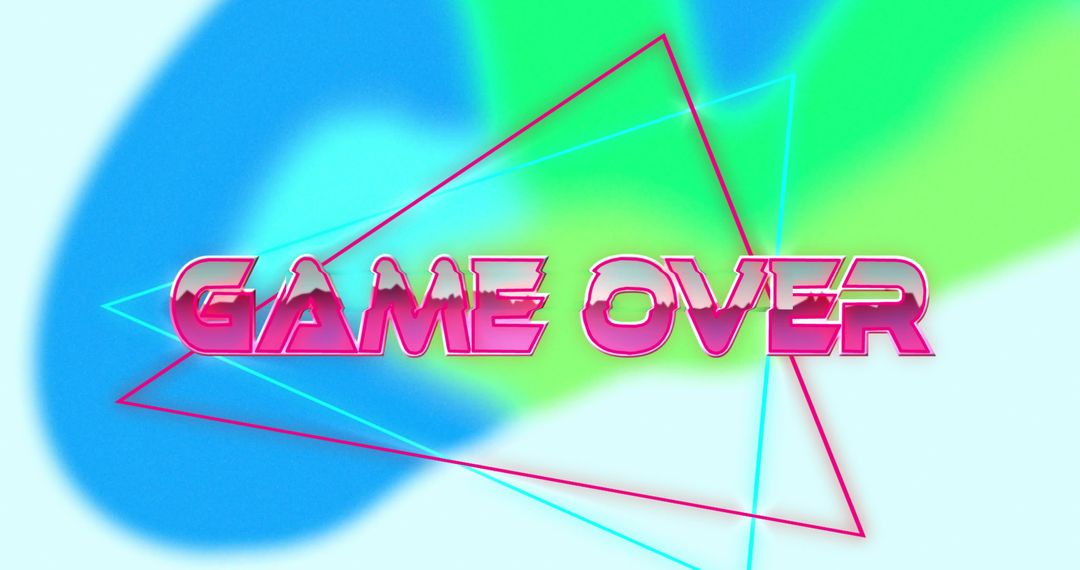 Retro vaporwave Game Over design with neon pink 3D lettering, cyan-magenta triangles vivid