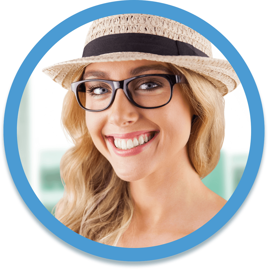 Smiling Young Woman with Glasses and Stylish Hat, Transparent Circle