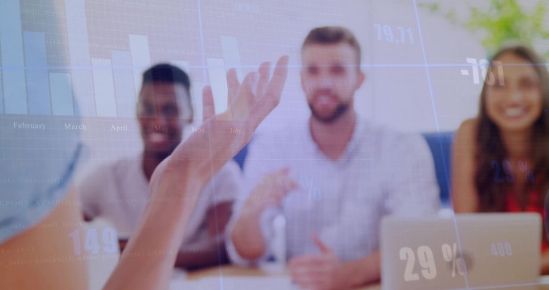 Team Collaborating with Data Overlay and Technology Focus