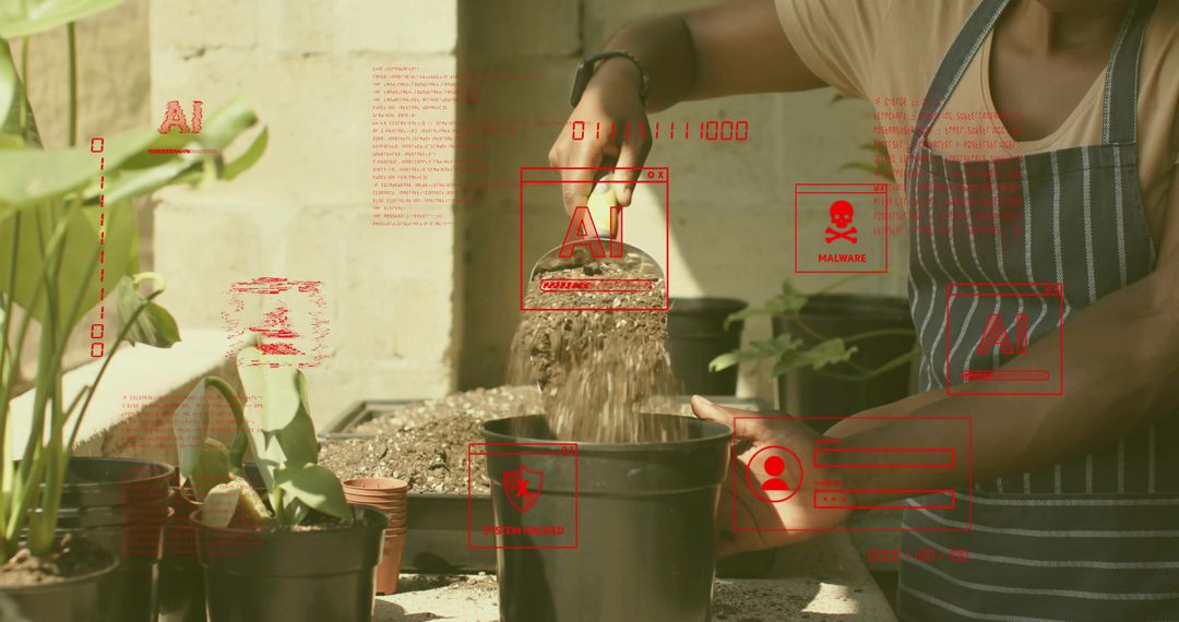 Gardener potting soil on sunny patio with AI data overlay highlighting plant care risks