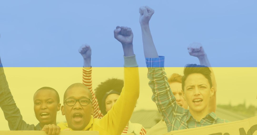 Diverse Protesters Uniting Against Backdrop of Ukrainian Flag