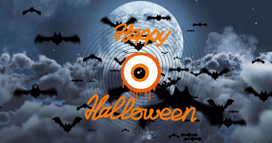 Halloween Greeting with Flying Bats and Full Moon