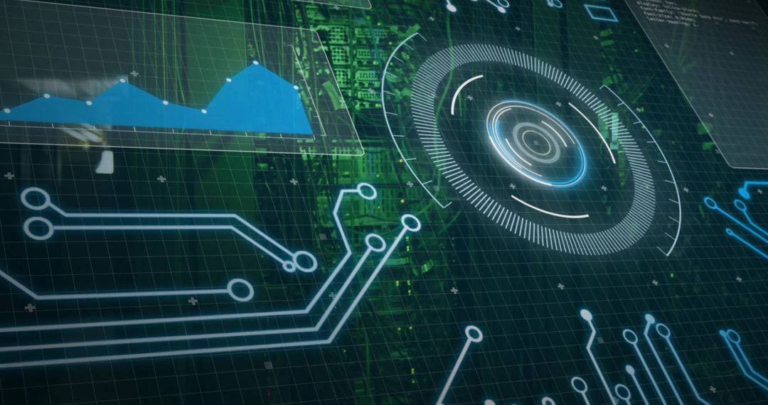 Circular HUD Pulsing Over Green Circuit Board Showing Neon Traces and Futuristic Interface