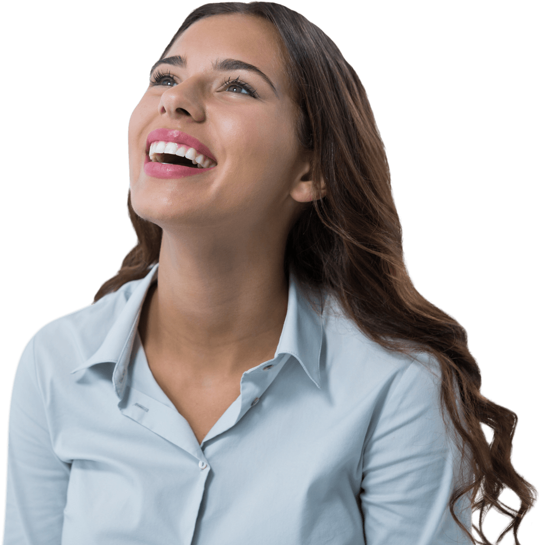 Cheerful Woman Looking Upward on Transparent Background