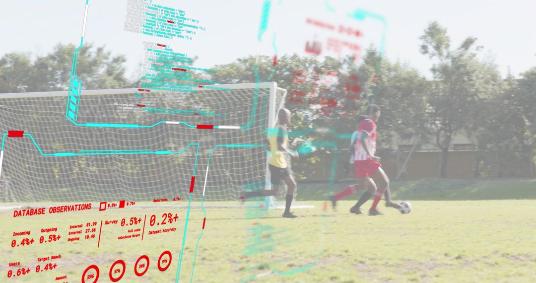 Youth soccer players dribbling and defending on sunlit park pitch with augmented data overlay