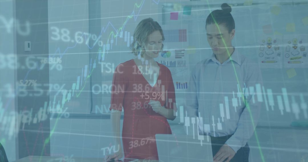 Diverse Colleagues and Financial Data Overlay in Modern Office