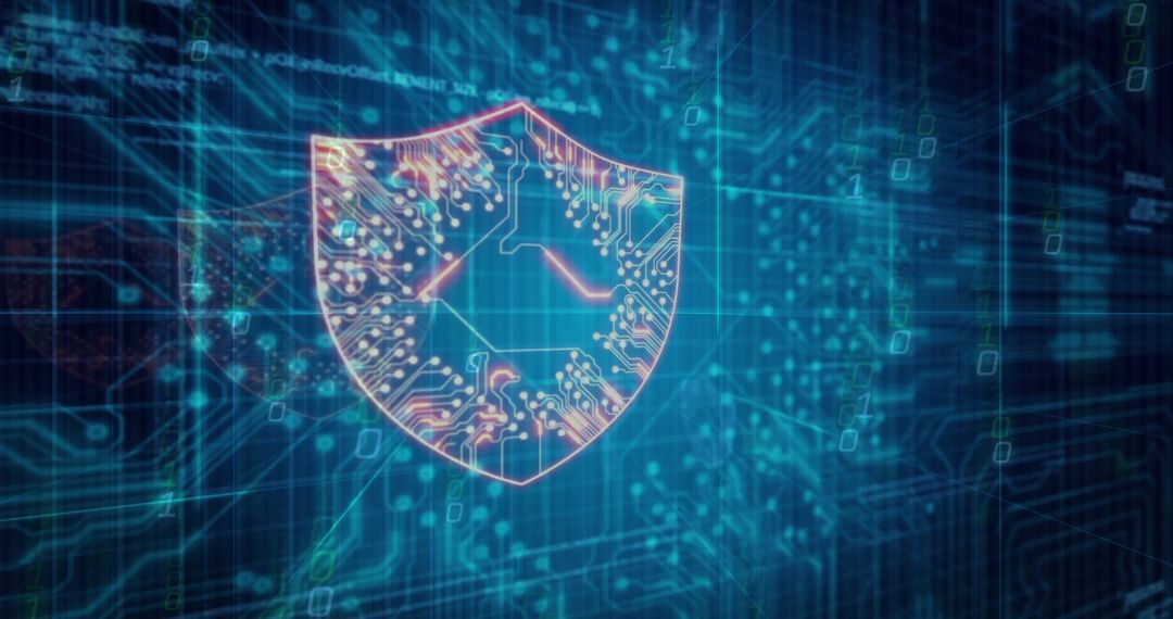 Glowing Digital Shield Overlaying Futuristic Network Background