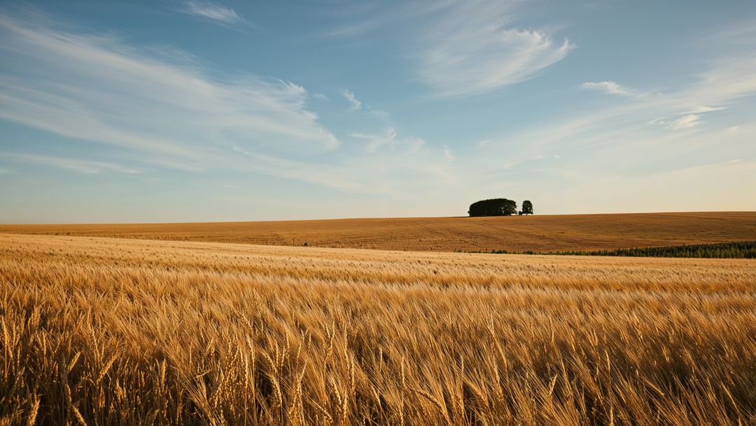 Golden Wheat Field with Tree Grove Under Blue Sky