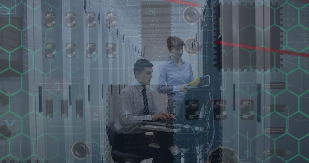 Data Engineers Analyzing Servers in Futuristic Data Center