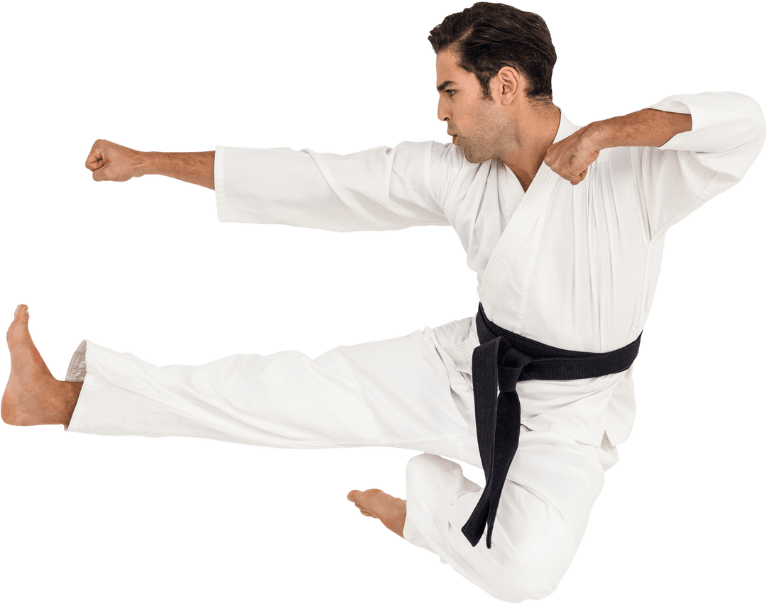 Karate Fighter Performing Mid-Air Kick in Transparent Background