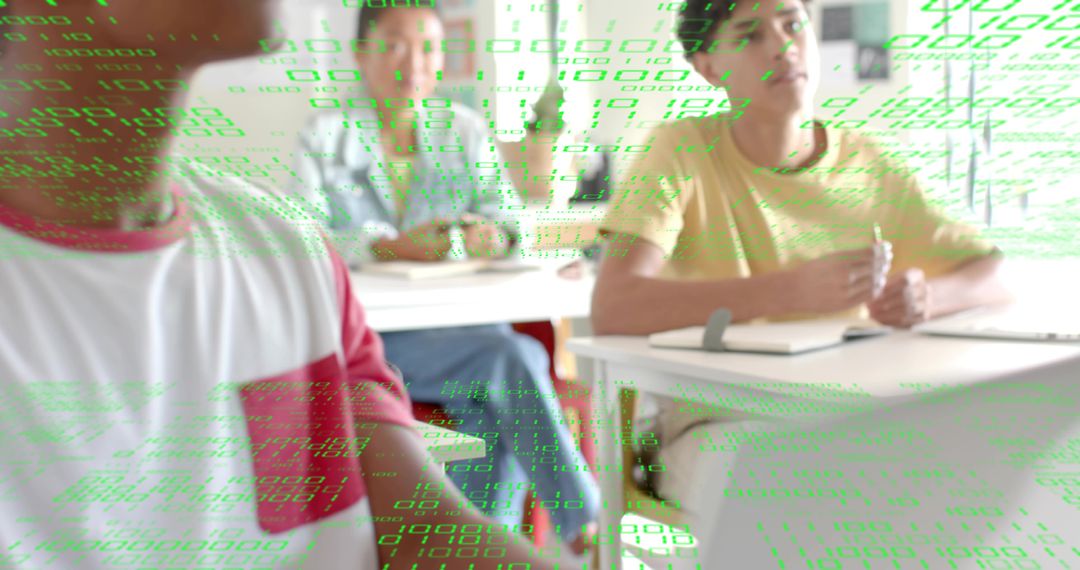 Students taking notes in classroom with green binary code overlay showing digital learning