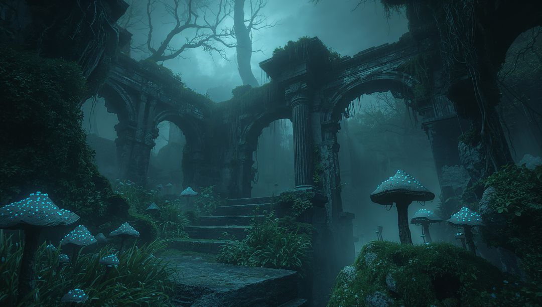 Misty ancient colonnade rising through forest with glowing bioluminescent mushrooms