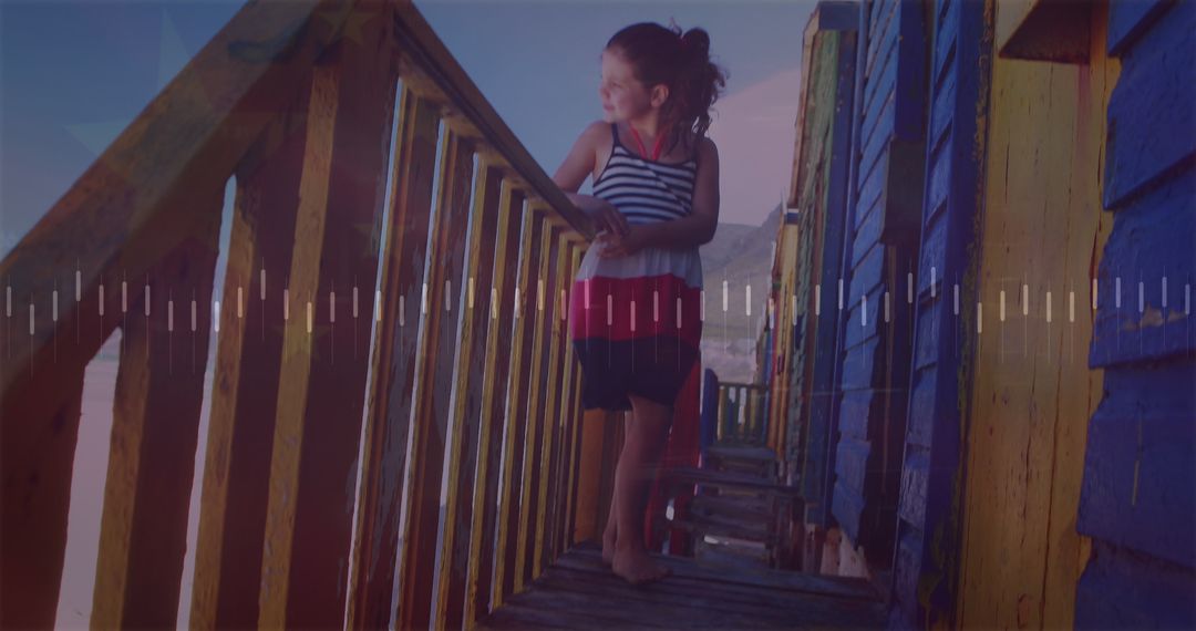 Caucasian Girl at Beach with Digital Data Overlay