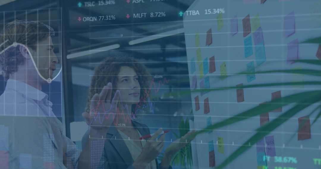 Diverse Team Discussing Stock Market Strategies with Graph Overlay