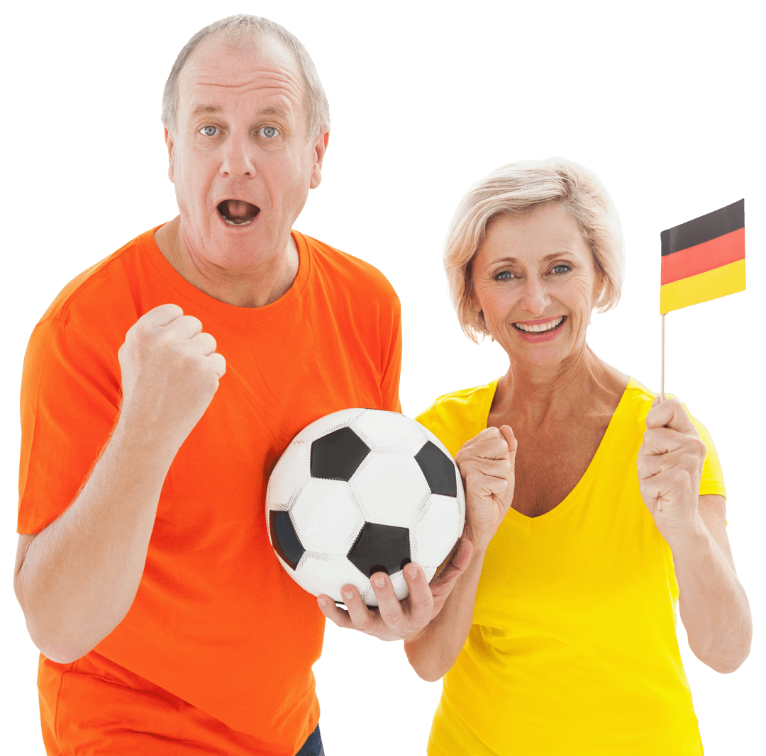 Happy Elderly Couple Cheering with German Flag and Soccer Ball on Transparent Background