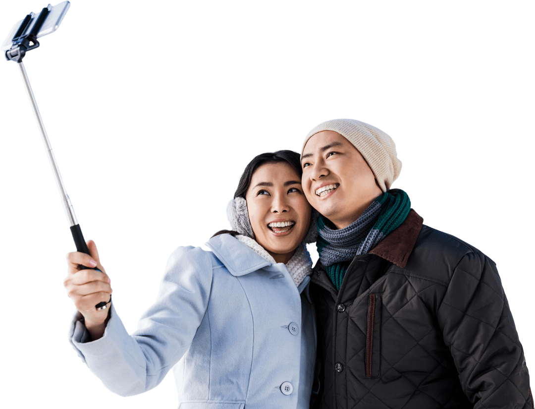 Smiling Couple Taking Winter Selfie on Transparent Background