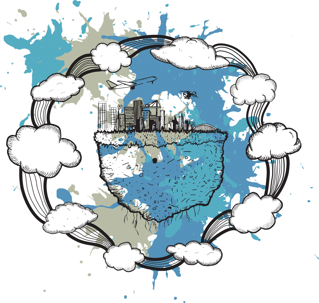 Transparent Cityscape with Cloud Network Over Paint Splash