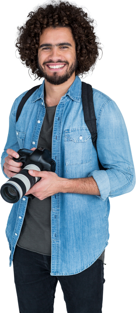 Happy Male Photographer Holding Digital Camera on White Background Transparent - Download Free Stock Images Pikwizard.com